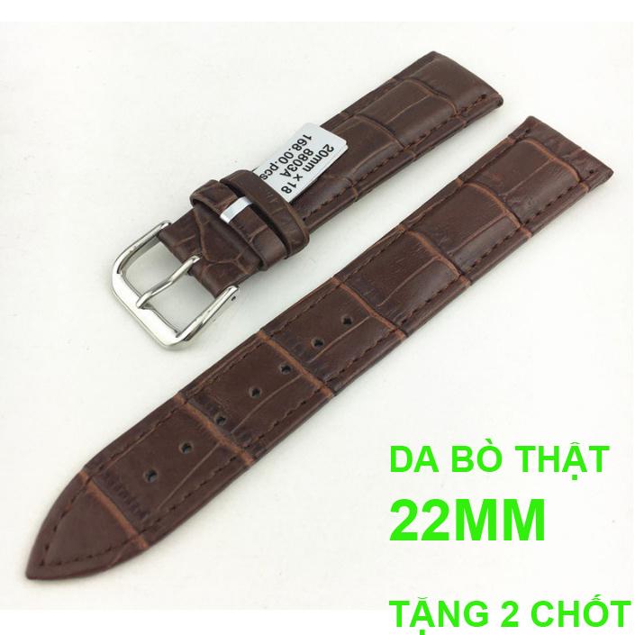 Dây da đồng hồ nam da bò dập vân cá sấu bền đẹp 22mm (Nâu khóa gài)