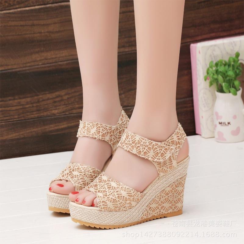 Giày xăng đan nữ đế xuồng 11cm ren lưới