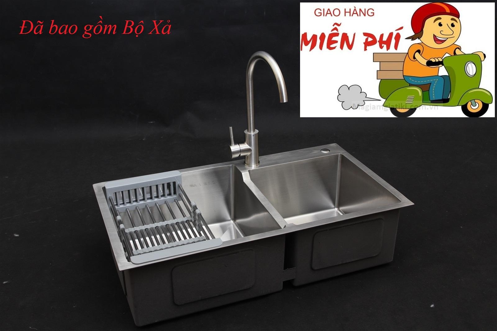 Chậu rửa bát Inox 304 Đúc Nguyên Khối 82 x 45cm 2 hố lệch (tặng Vòi rửa nóng lạnh+ kệ để đồ)