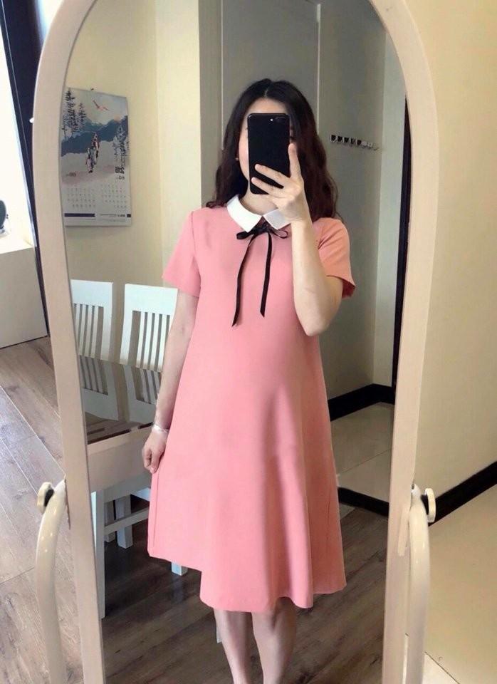 đầm bầu suông hồng cổ sen