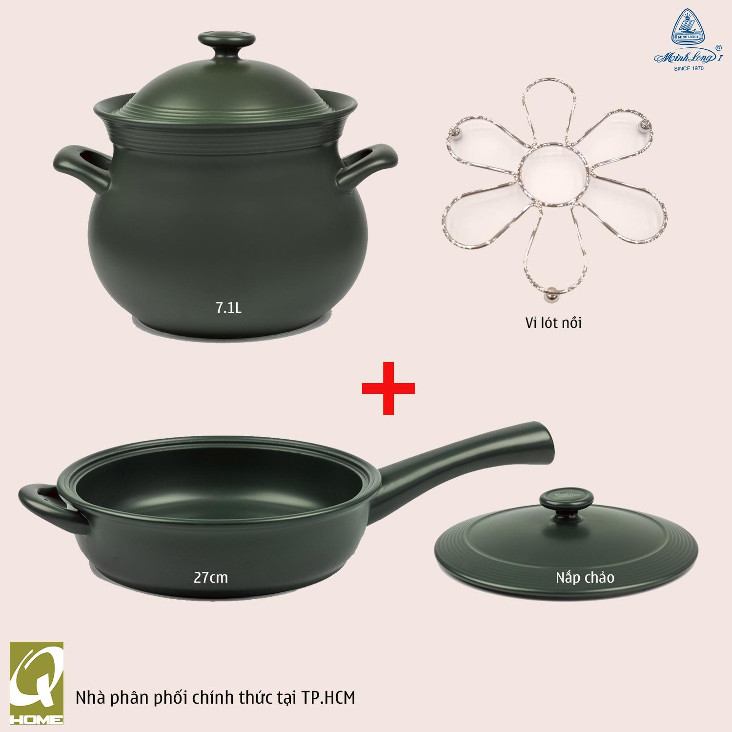 [COMBO4] Bộ nồi dưỡng sinh Minh Long (thân bầu 7.1L+chảo 27cm+nắp chảo) + Vỉ lót nồi