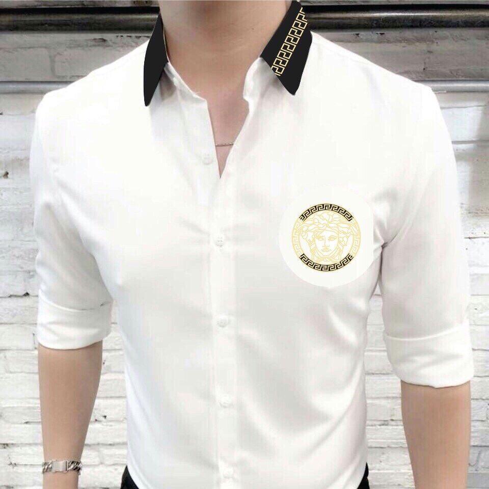 Kman_Áo sơ mi kate lụa thêu logo đôc đào 033 ( Đen + trắng )