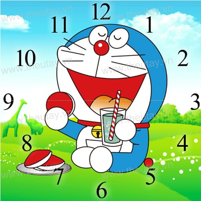 Tranh đính đá abc 3d đồng hồ mèo đôrêmon ăn bánh df2852 kt:38x38cm