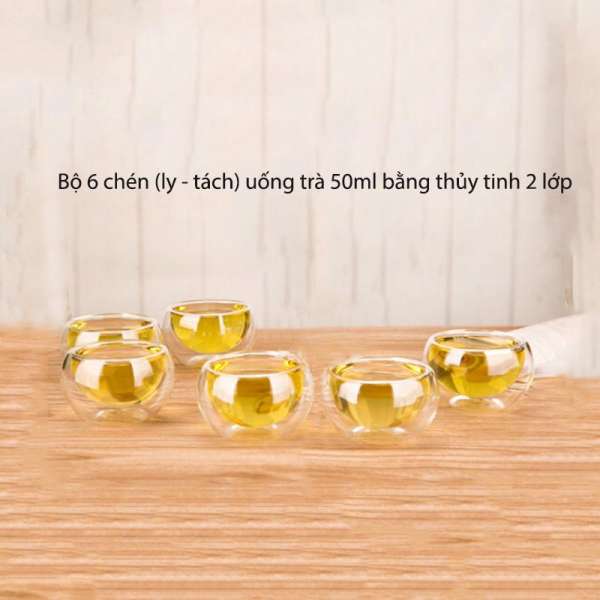 Bộ 6 chén (ly) nhỏ 50ml bằng thủy tinh 2 lớp dùng uống trà, café