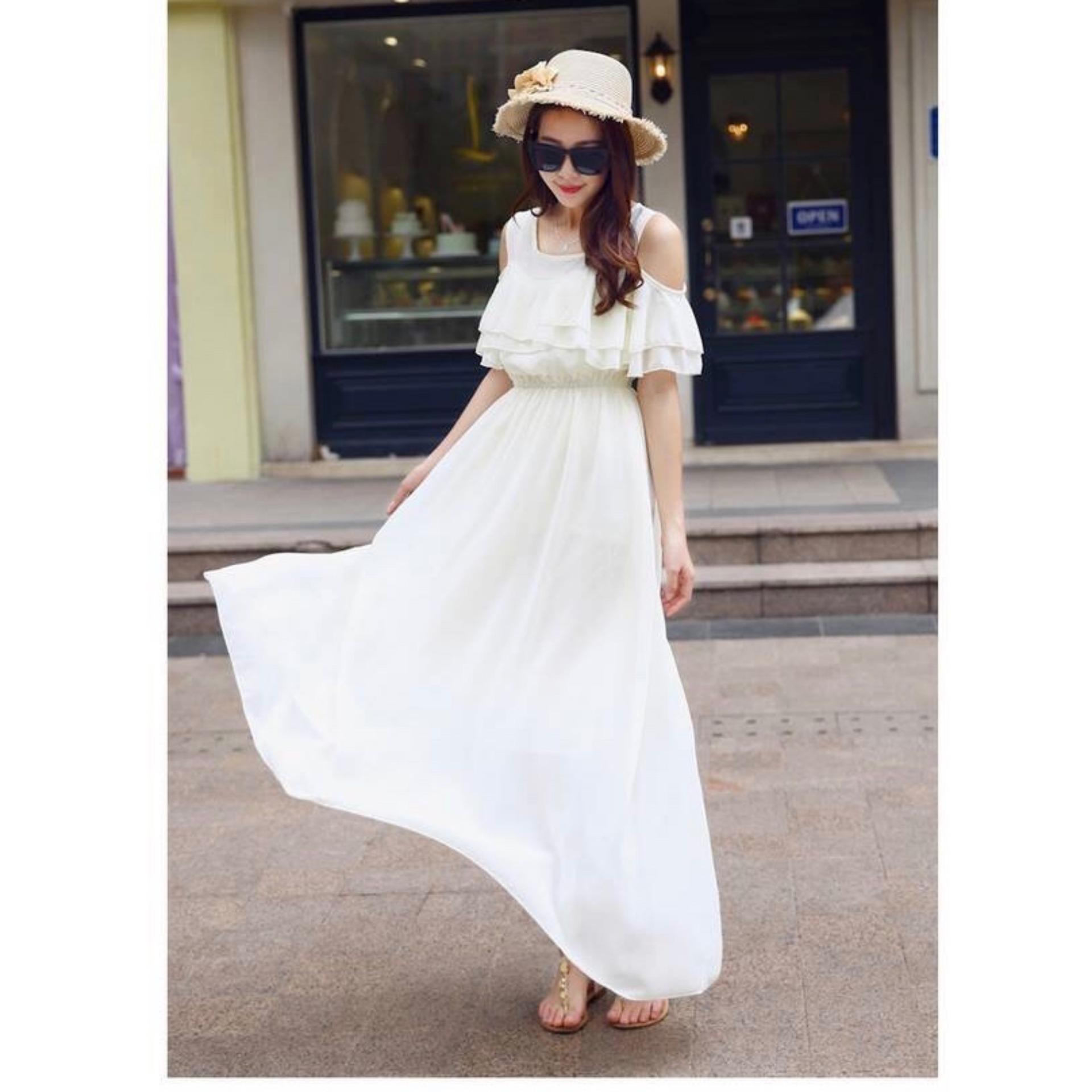 [HCM]Đầm maxi chifon rớt vai (Trắng)