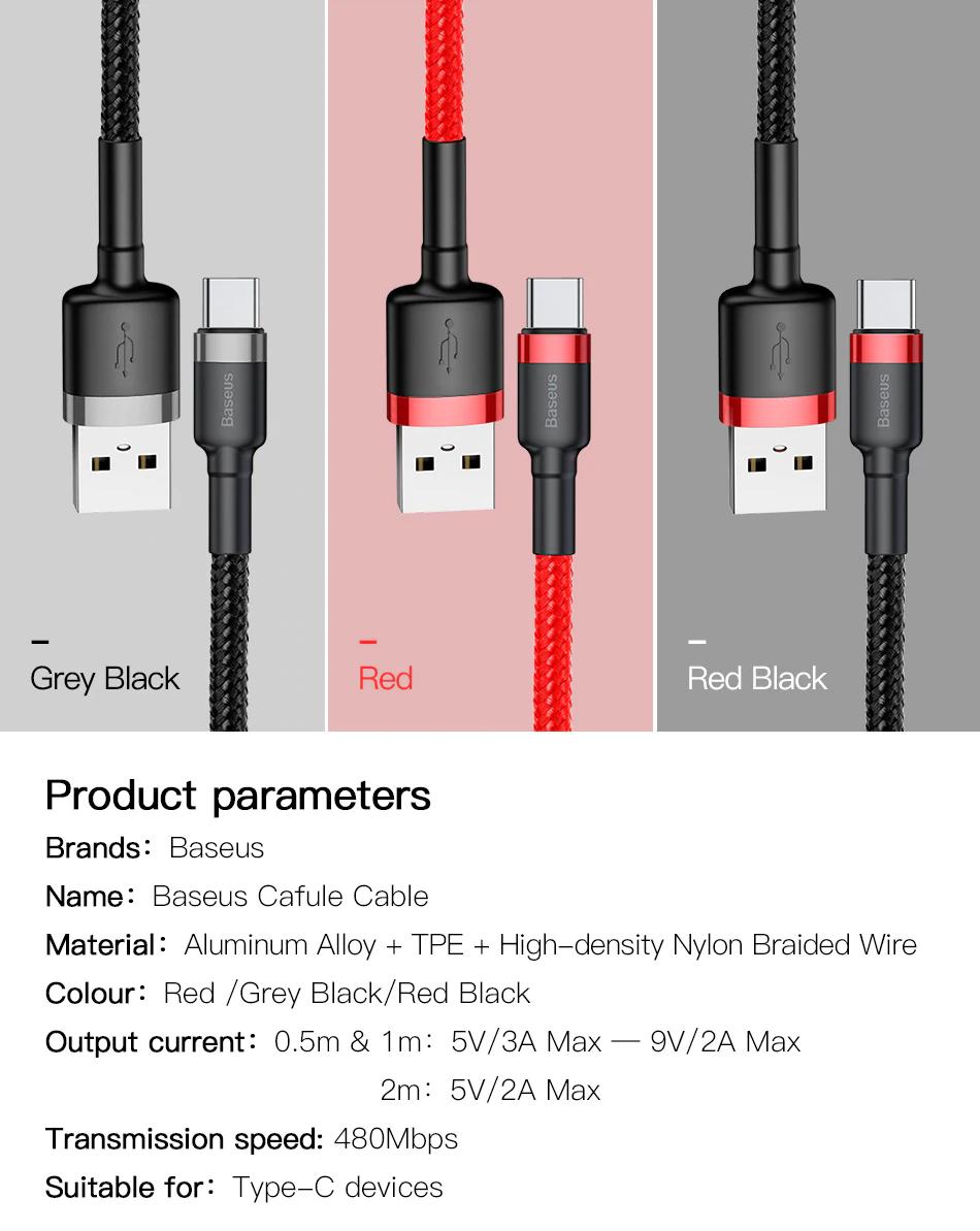Cáp sạc  Baseus Cafule Type C 1m và 2m cho Samsung S8/S9/ Note8/ Note9/ Xiaomi/ Huawei/ Oppo/Nokia