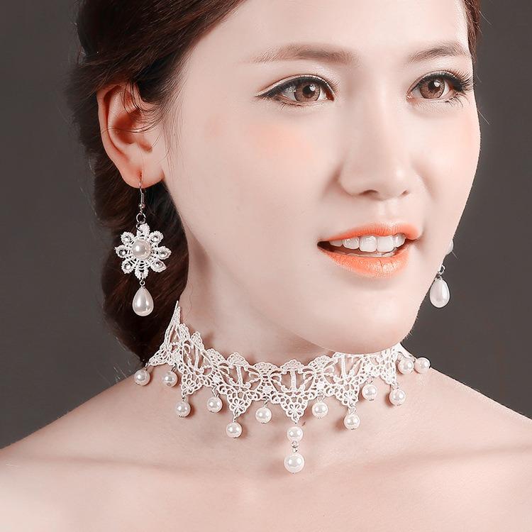 Vòng cổ choker ren trắng ngọc trai cổ tích 