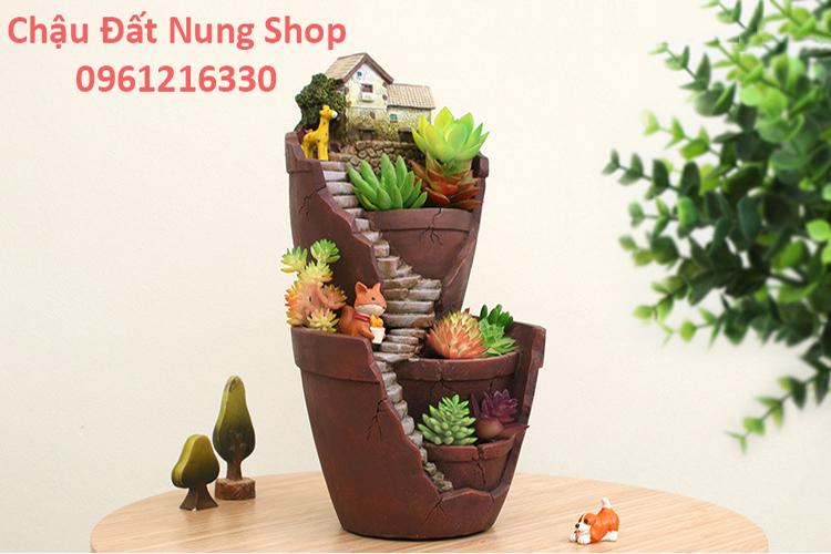 Chậu kiểu Nhà nhỏ bậc thang dài, Chậu trồng cây, Chậu hoa, Chậu đẹp, Chậu tiểu cảnh, Chậu đất nung, chậu đáng yêu, Chau trong cay