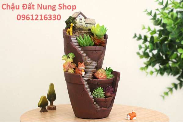 Chậu kiểu Nhà nhỏ bậc thang dài, Chậu trồng cây, Chậu hoa, Chậu đẹp, Chậu tiểu cảnh, Chậu đất nung, chậu đáng yêu, Chau trong cay