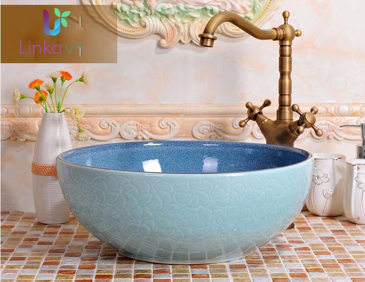 Chậu rửa lavabo gốm sứ nghệ thuật LAV0031 – Họa tiết hoa xanh in chìm