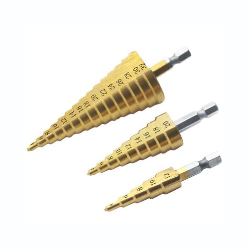 Bộ 3 Mũi Khoan Bước Tháp Titanium 4-32mm,Khoan Sắt, Tôn Cỡ chân kẹp : H1/4 inch - lục giác 6mm Lưỡi cắt: Hai lưỡi cắt thẳng hướng phải Vật liệu xử lý bề mặt: TiN