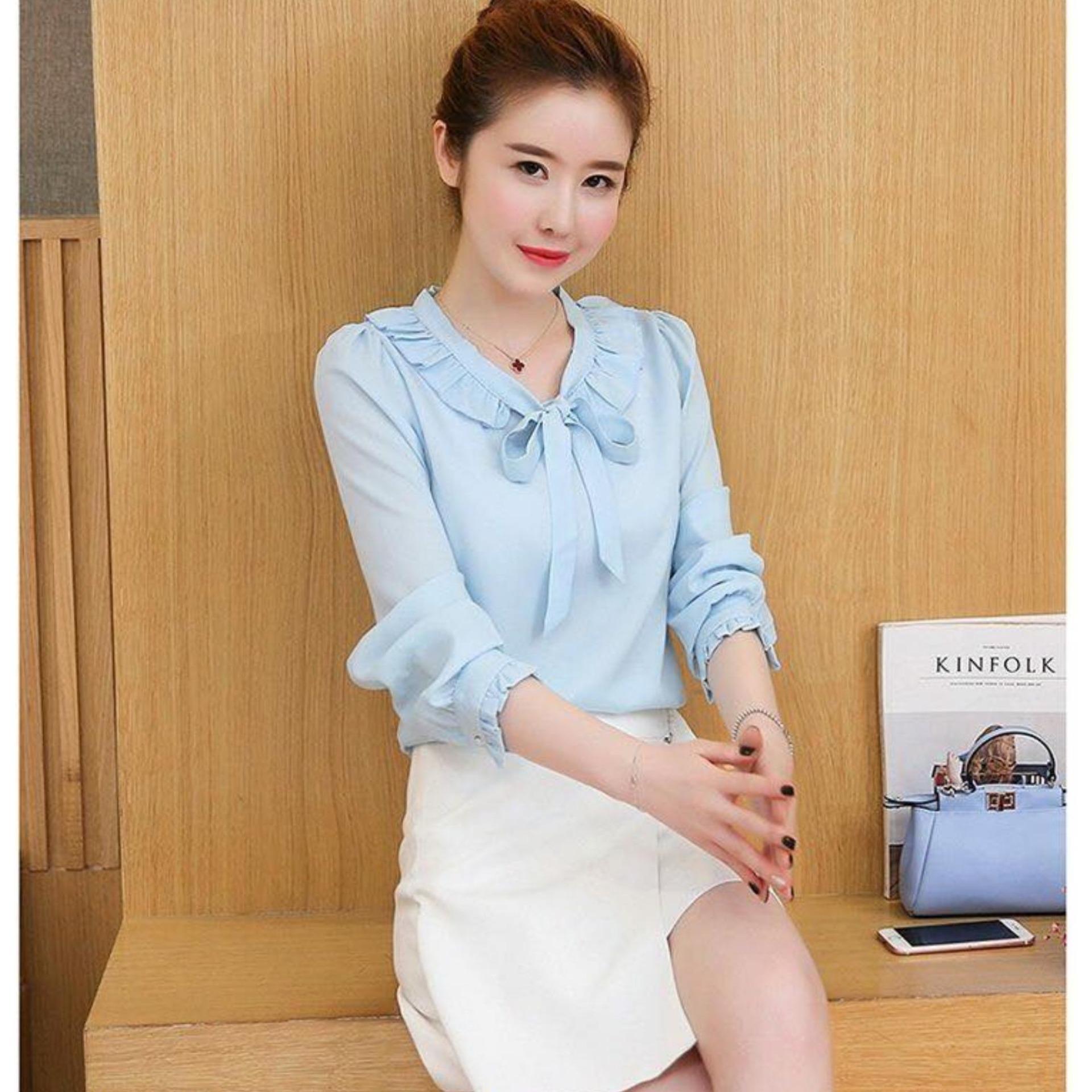 Áo công sở tay dai cổ xếp bèo cột nơ trắng