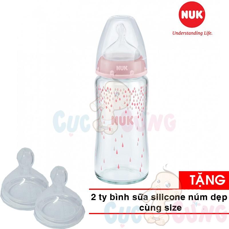 Bình sữa NUK cổ rộng thủy tinh 240ml núm ti Silicone S1 -M NU66128 Tặng 2 ty thay binh sua (Số lượng có hạn)