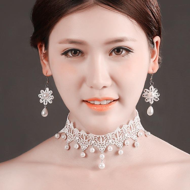 Vòng cổ choker ren trắng ngọc trai cổ tích 