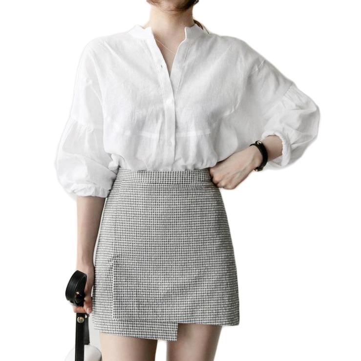 Áo sơ mi linen nữ cổ trụ form rộng tay bồng, chất vải linen mềm mát, thời trang phong cách Hàn