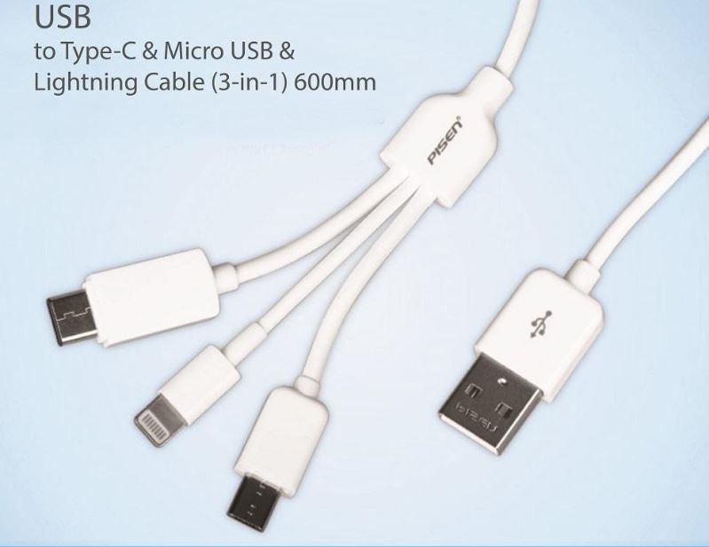 Cáp sạc đa năng 3 trong 1 Pisen Type C, MicroUsb, Lightning