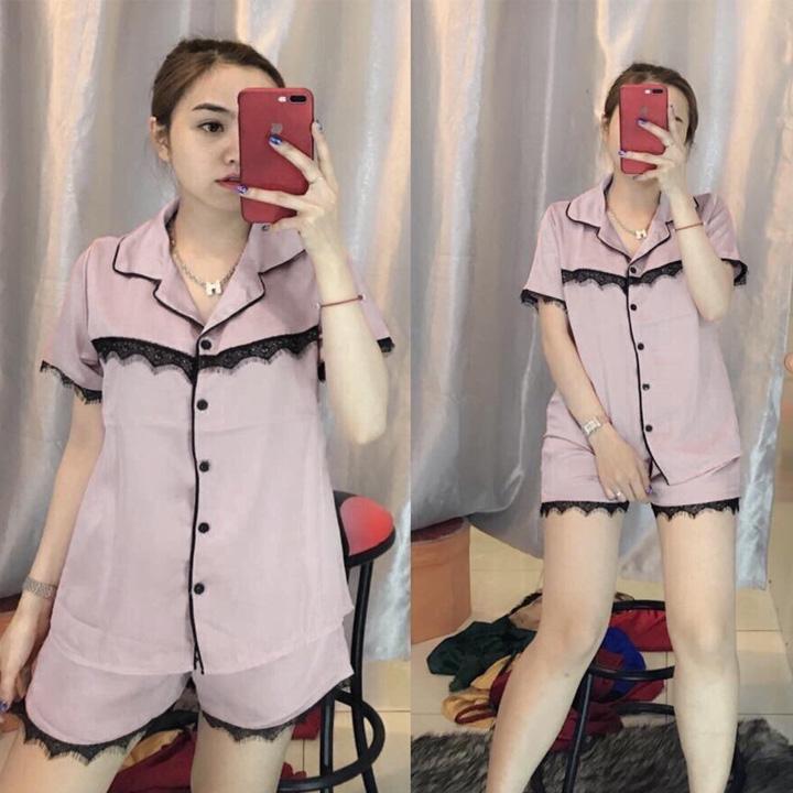 Đồ Bộ Nữ Quần Đùi Mặc Nhà Chất Phi Bóng Phối Ren