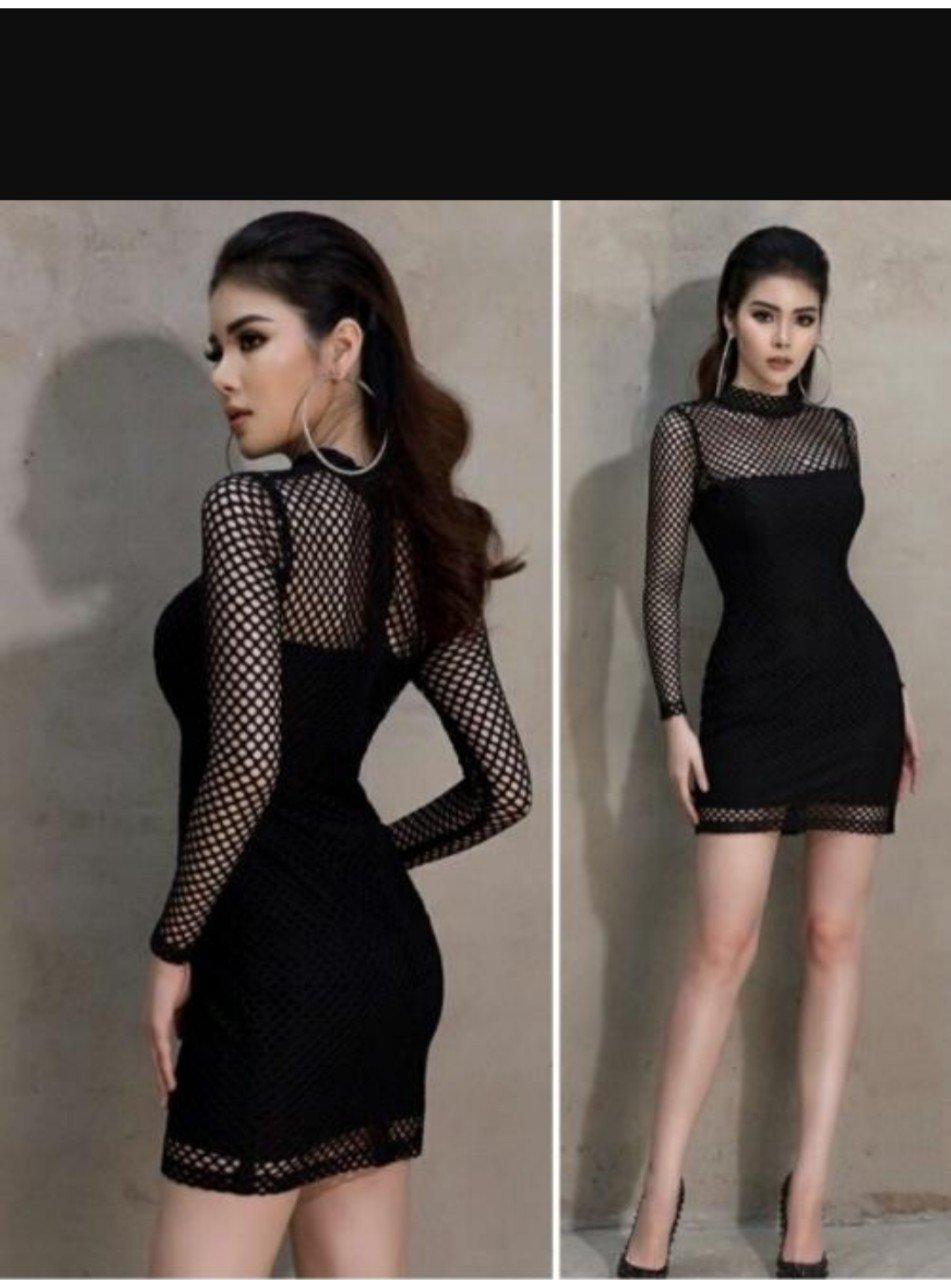 Đầm body phối lưới tay dài
