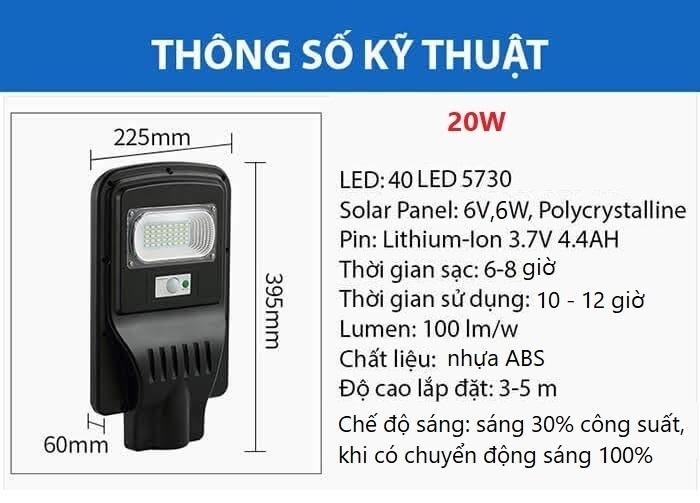 Đèn đường cảm biến năng lượng mặt trời 20W