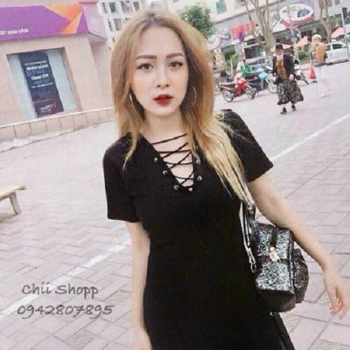 [HCM]Đầm thun body cổ V đan lưới
