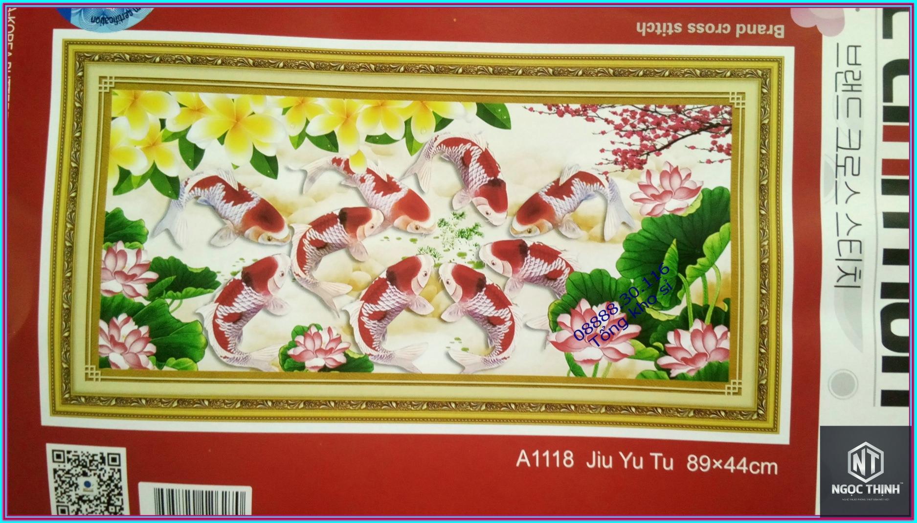 Tranh thêu chữ thập cửu ngư quần hội DLH-YA1118-Ngọc Thịnh
