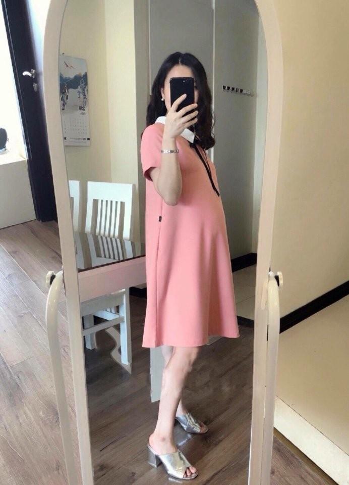 đầm bầu suông hồng cổ sen