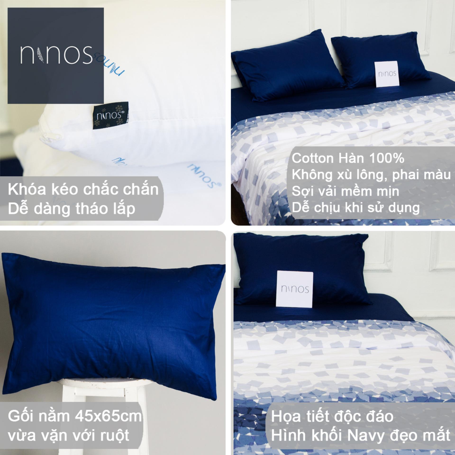 Bộ chăn ga thiết kế 180x200x20cm 4 món Ninos họa tiết Khối Navy kèm ruột