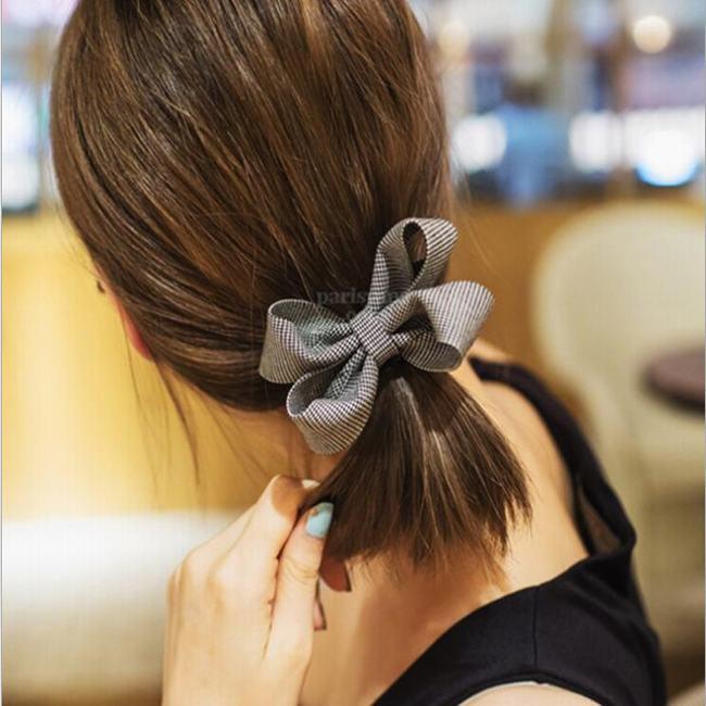 Dây buộc tóc kết nơ caro xám