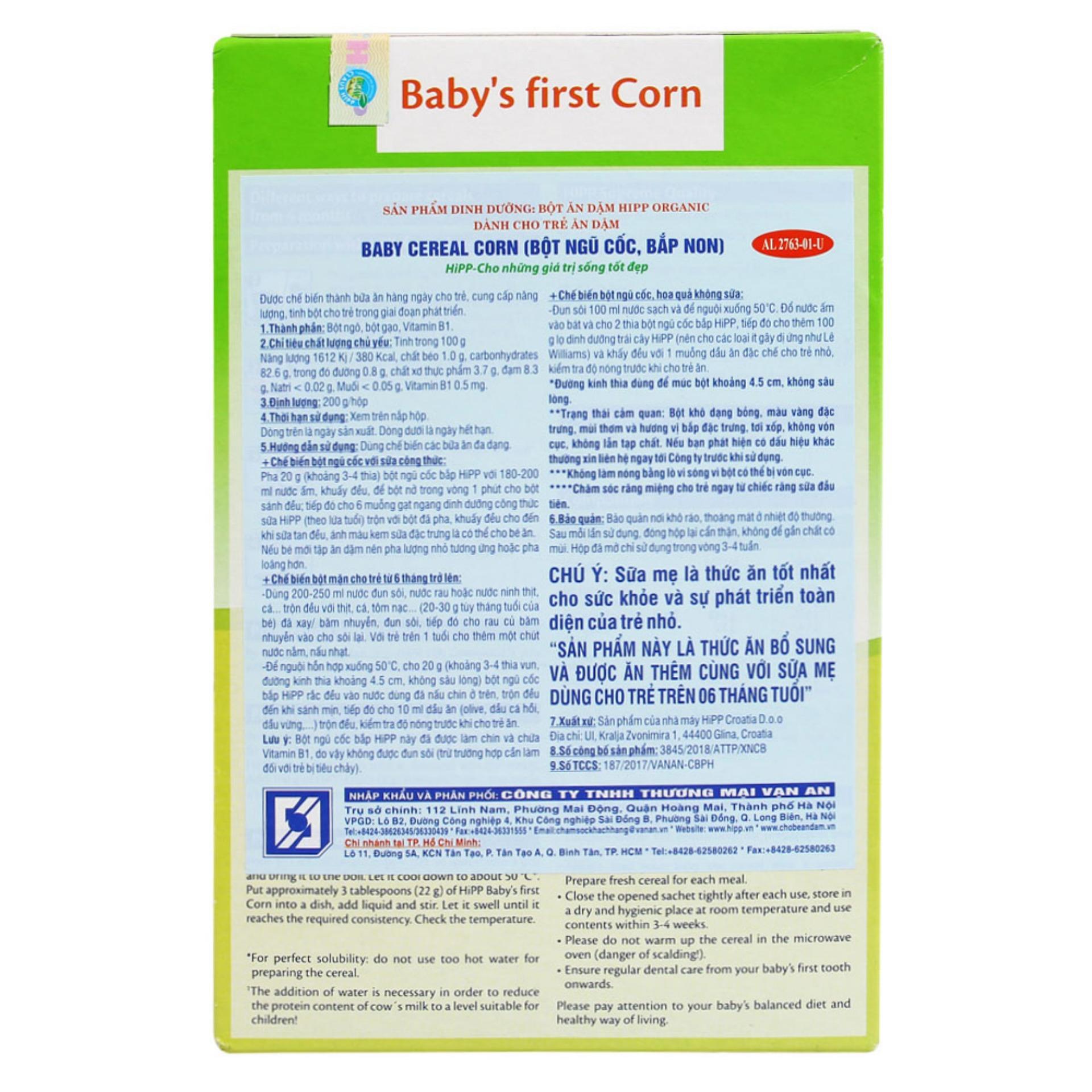 Bột Ăn Dặm HiPP 100% Corn (Bột Ngũ Cốc Bắp Non hữu cơ 100%) Hộp 200g (Cho trẻ từ 4 tháng tuổi)