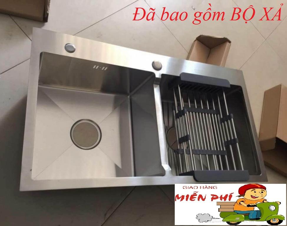 Chậu rửa bát Inox 304 Đúc Nguyên Khối 82 x 45cm 2 hố cân (tặng kệ để đồ)