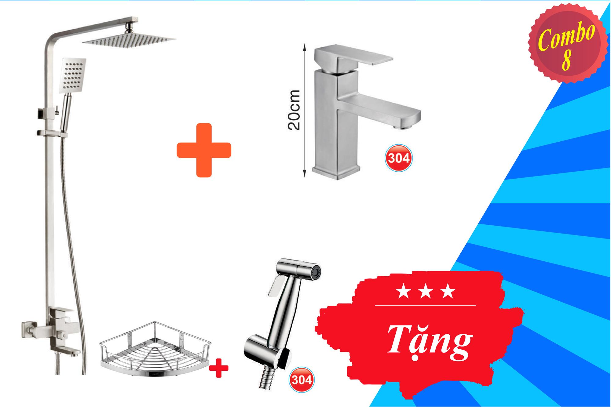 Bộ vòi sen cây tắm đứng và vòi lavabo vuông nóng lạnh INOX 304 CB08