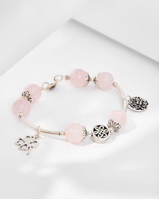 [HCM]Vòng Tay Thạch Anh Hồng Charm Cỏ 4 Lá