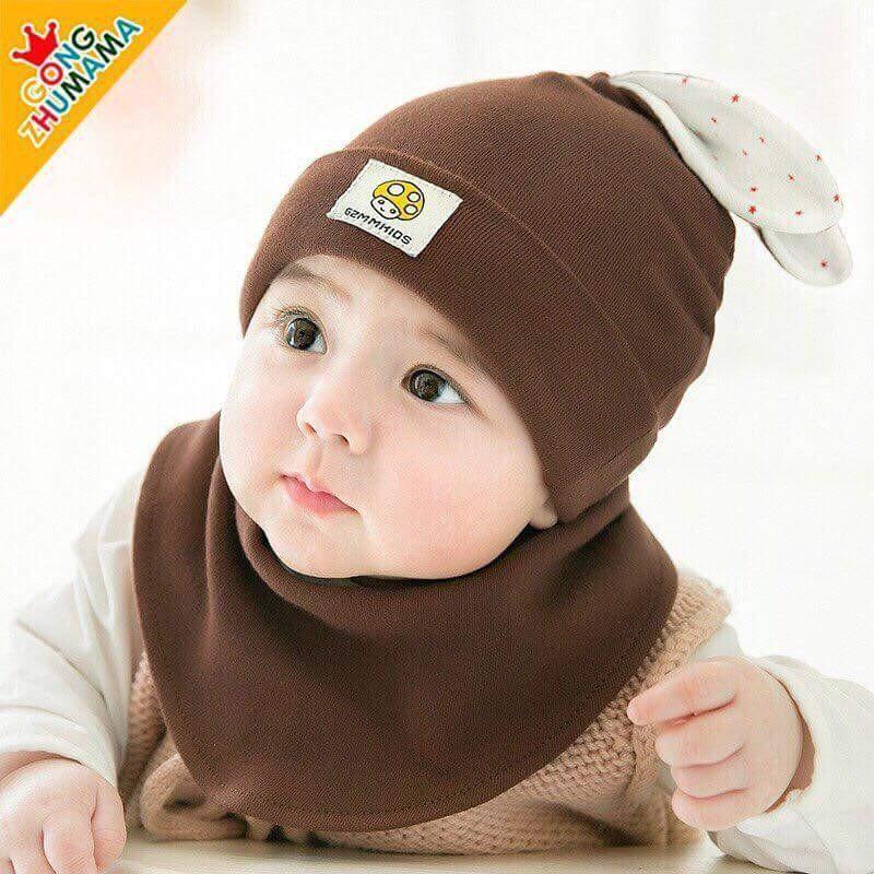 BỘ MŨ KHĂN COTTON TAI THỎ CHO BÉ