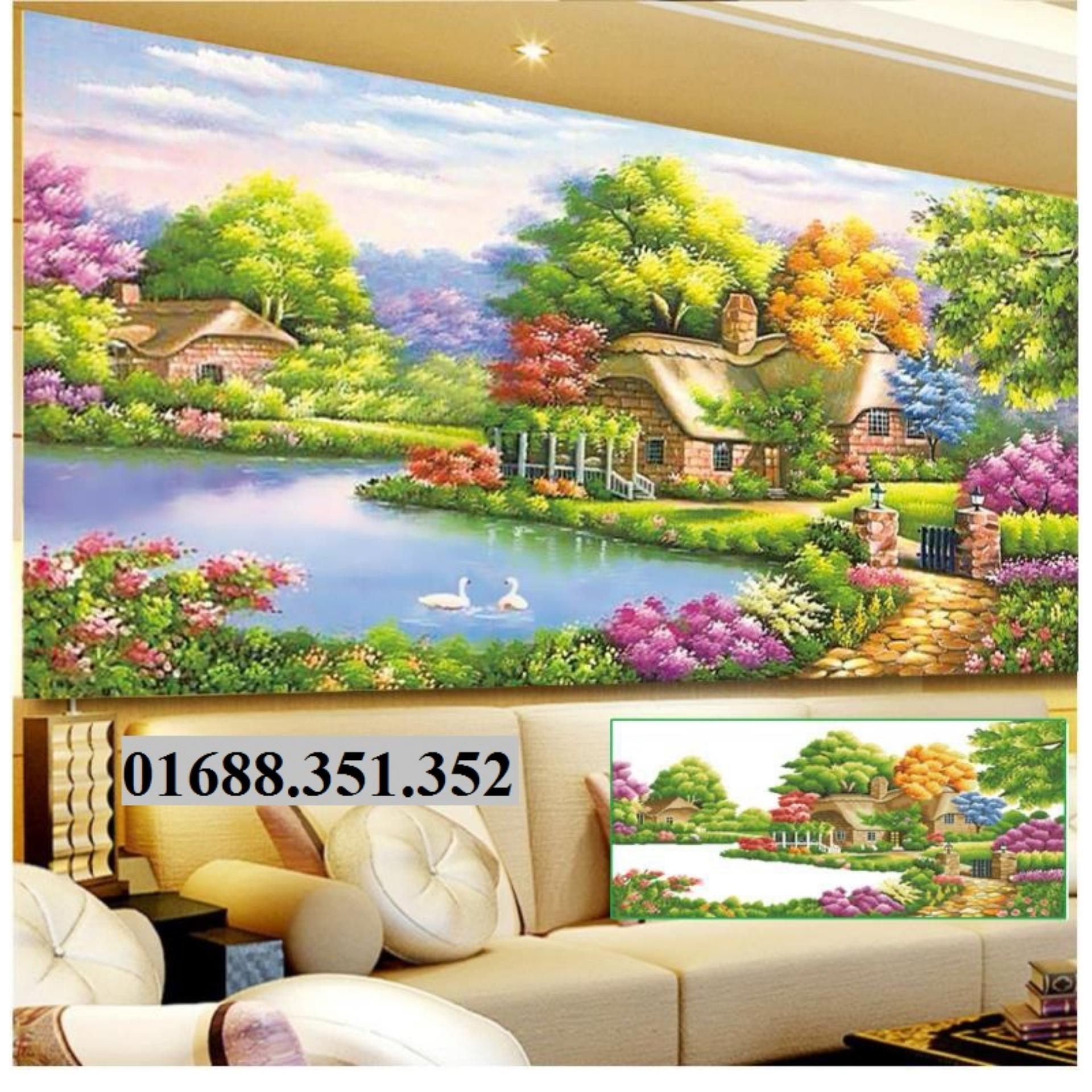 Tranh đính đá Ngôi nhà mùa xuân lớn Y8043-160x80cm