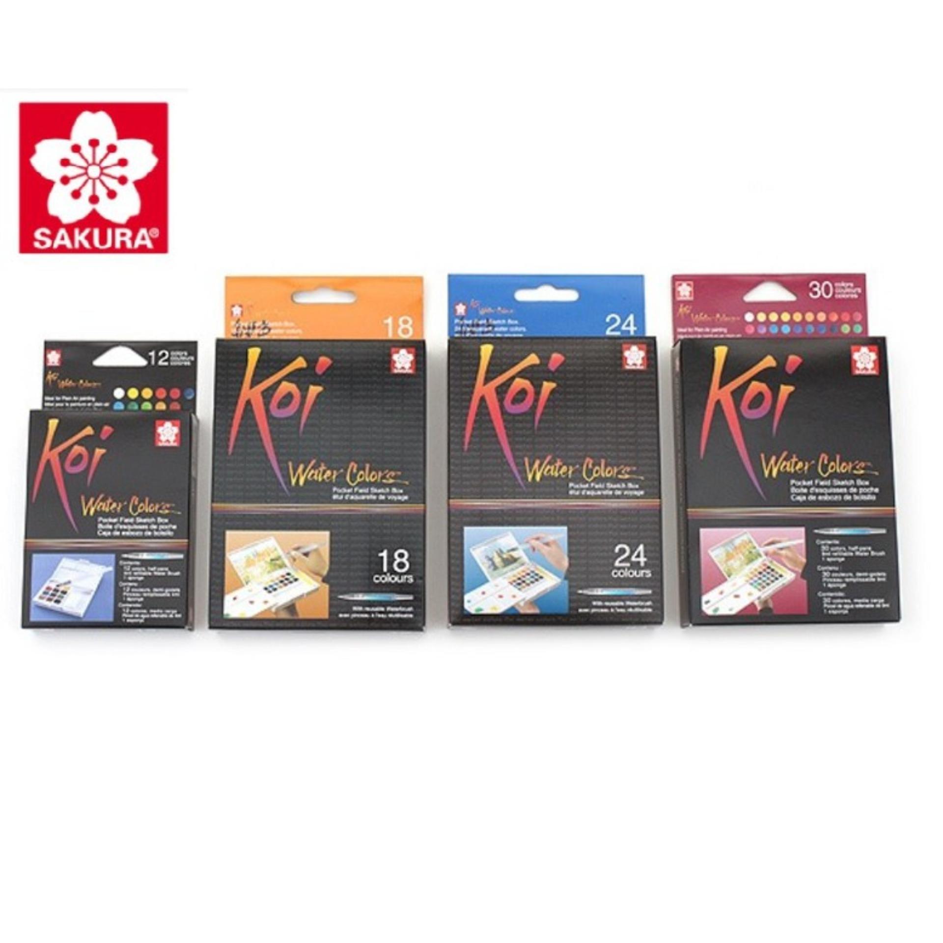 [HCM][TẶNG 10 TỜ GIẤY VẼ MÀU NƯỚC 300 GSM HAPPY A6] - MÀU NƯỚC SAKURA KOI DẠNG NÉN 18 MÀU (KÈM BẢNG PHA MÀU VÀ CỌ NƯỚC DÀI)