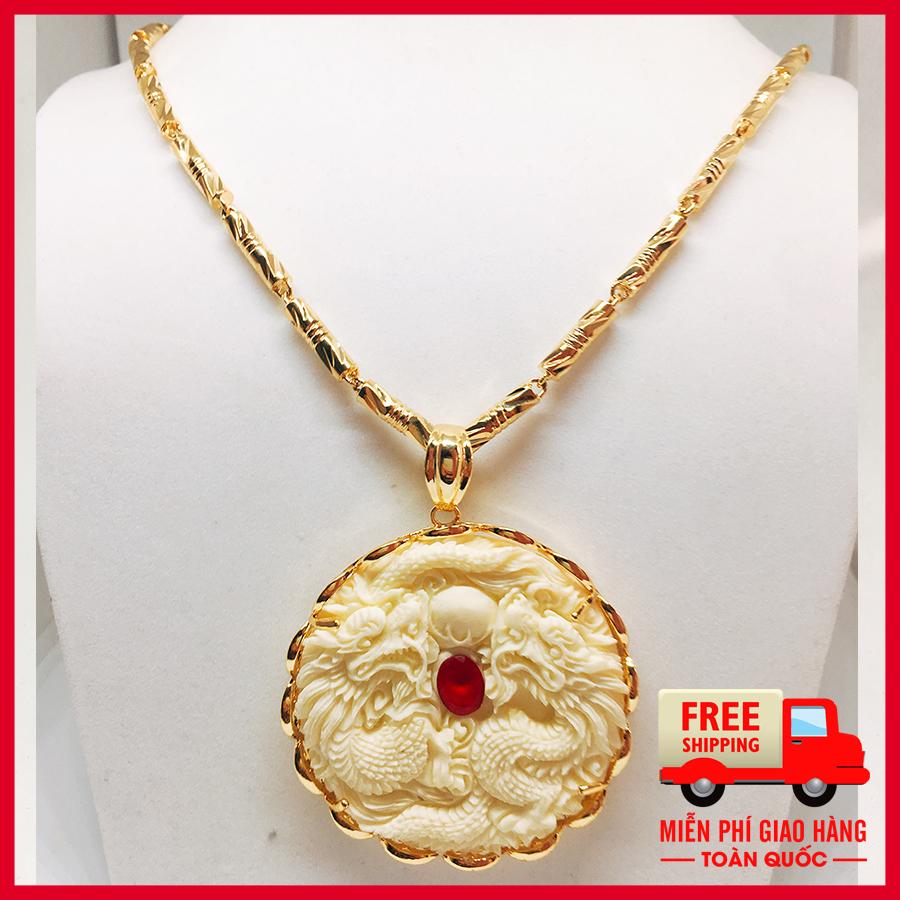 Dây chuyền nam trang sức bạc Thái + mặt Song long ngọc đỏ đá thạch anh cao cấp