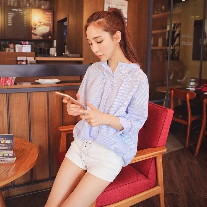 Áo sơ mi kiểu nữ form rộng vạt bầu (Xanh) Thoitrangkm