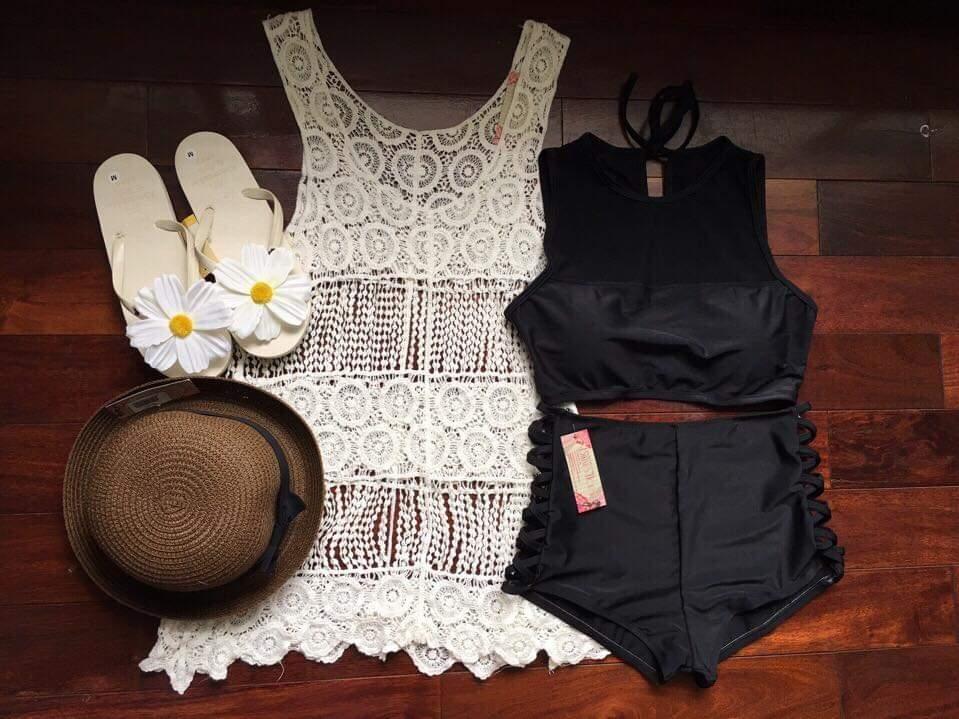 Bikini áo phối lưới quần đan dây