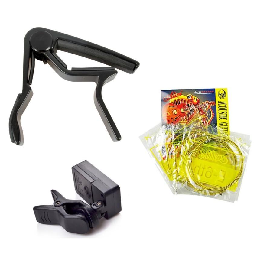 Bộ 3 phụ kiện guitar (Capo, máy lên dây, dây đàn) tặng pick