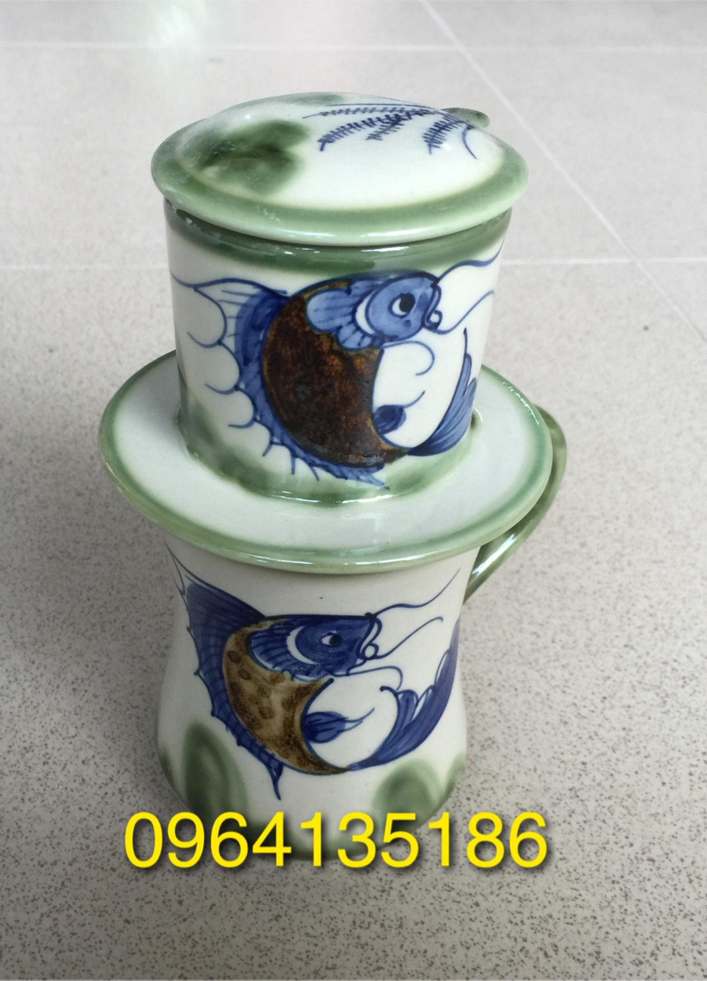 Phin pha cà phê cao men đồng vẽ cá cổ gốm sứ Bát Tràng