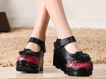 แบรนด์น้ำหัวกลม MIMZF รองเท้าหนังแท้ส้นเตารีดรองเท้าส้นสูงพื้นหนารองเท้าคุณแม่สีแดงฤดูใบไม้ผลิและฤดูใบไม้ร่วงรองเท้าเต้น 40