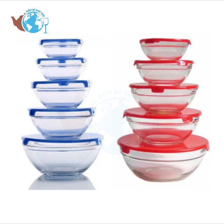 Bộ 5 thố thủy tinh nắp nhựa cao cấp - màu ngẫu nhiên