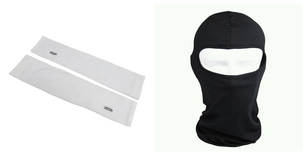 Găng tay chống nắng hở ngón trắng và khăn trùm ninja đen trơn