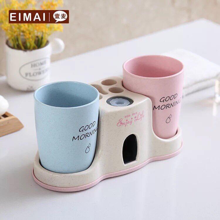 Kệ để bàn chải đánh răng tự nhả kem + 2 cốc lúa mạch