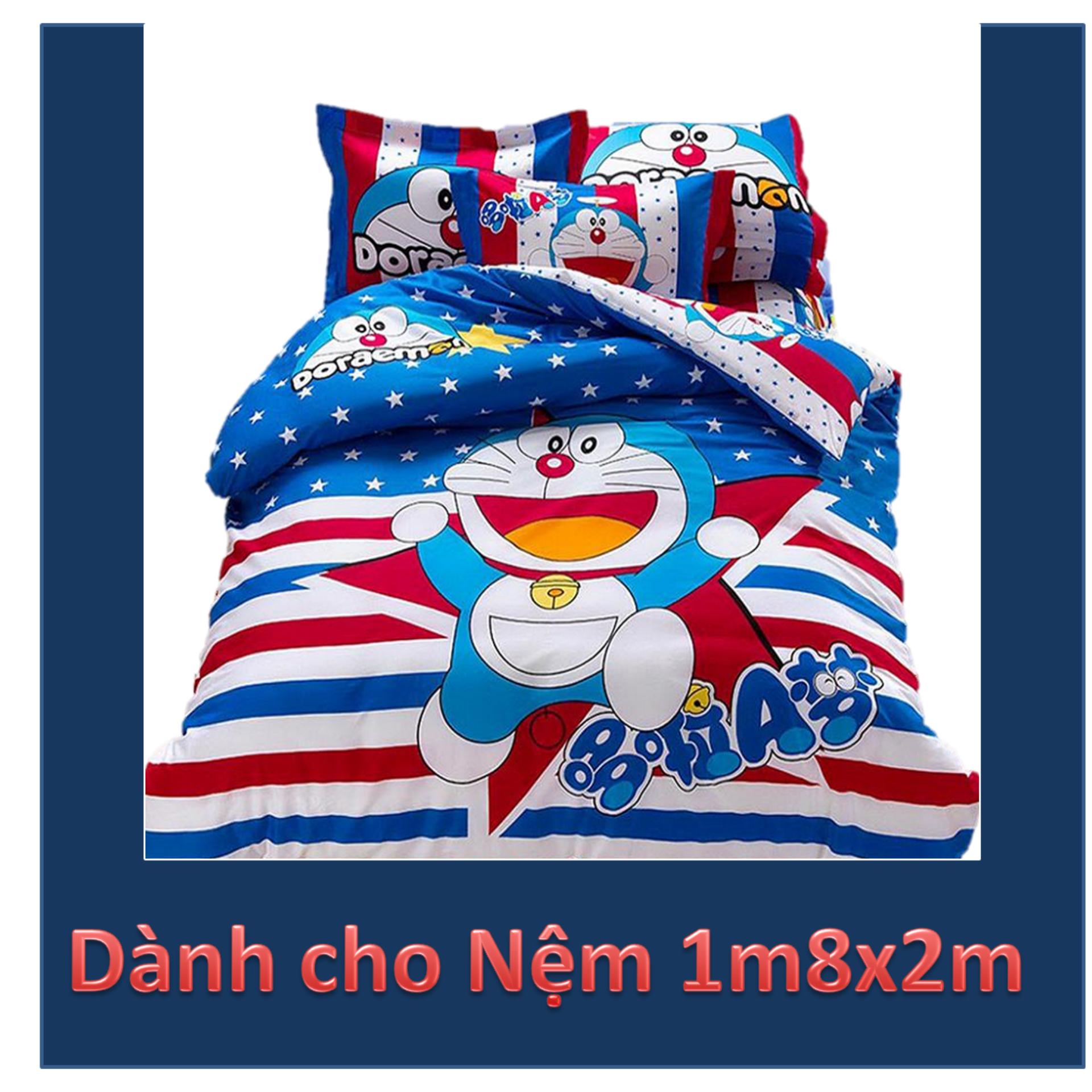 Bộ chăn ga gối Phủ Doraemon sao xanh 1m8x2m ( dùng được cho tất cả các loại đệm chiều cao dưới 35cm)