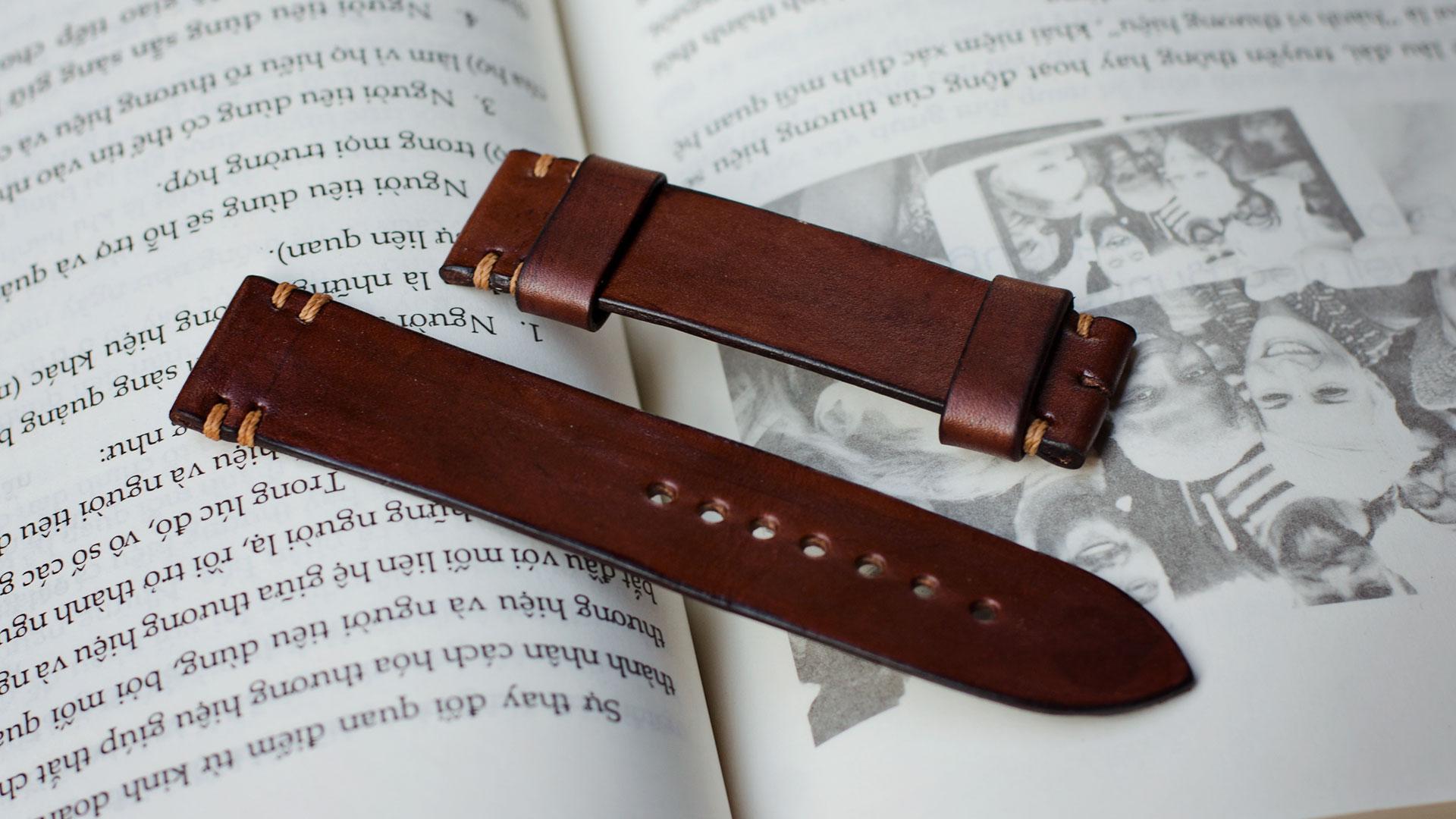 Dây đồng hồ nam da bò handmade một lớp mầu nâu - Dây đồng hồ handmade nam một lớp da bò nhập khẩu - Dây đồng hồ Mino Crafts size22-20mm DA1102A