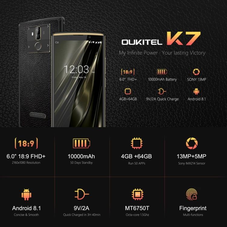 [HCM]Điện thoại oukitel k7(8 nhânRAM 4GBROM 64GBPIN 10.000mAh)