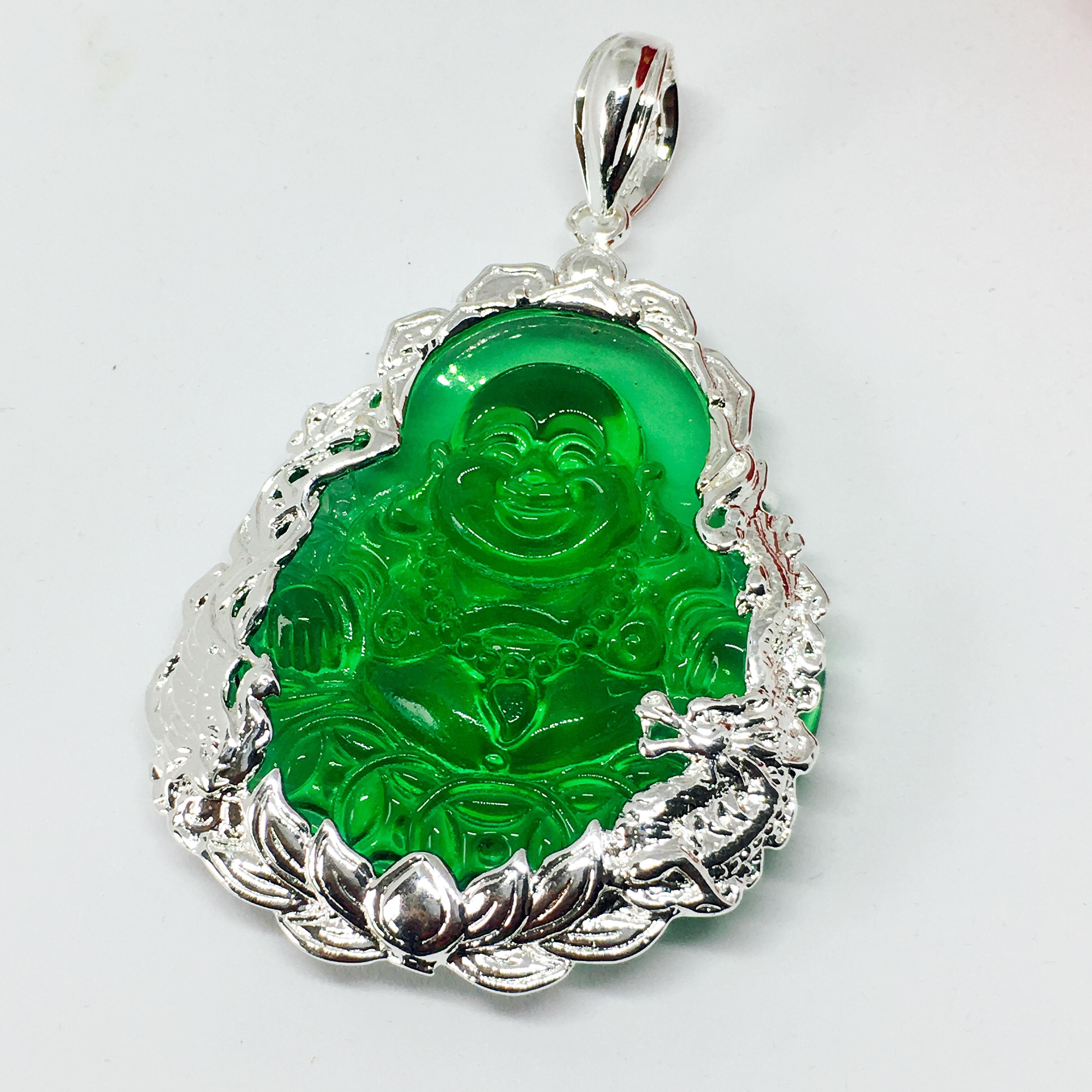 Mặt dây chuyền Di lạc rồng phượng bọc bạc trang sức phong thủy, may mắn, tài lộc ( màu xanh lục)