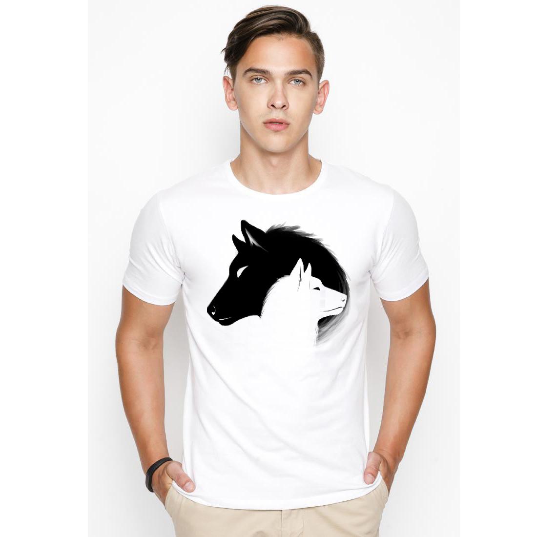 Áo thun nam in hình sói trắng đen