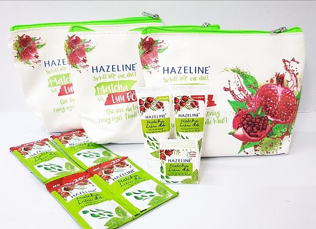 Combo 5set Hazeline Matcha – Lựu đỏ (gồm: 4Sữa tắm, 1Sữa rửa mặt, 1Sữa dưỡng thể, 1Kem dưỡng trắng + 1túi cầm tay)